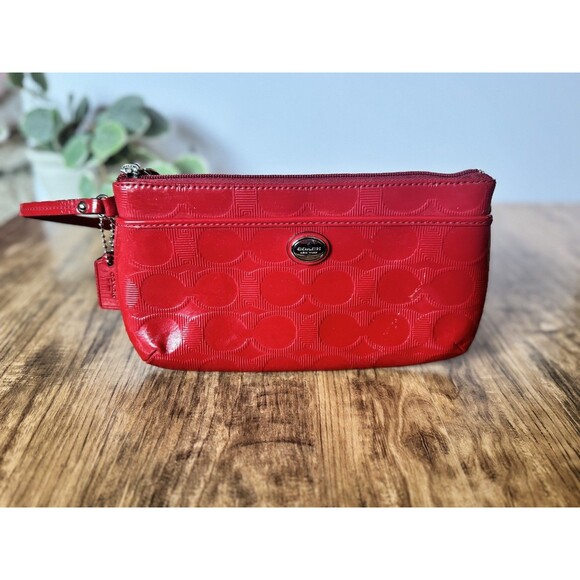 COACH Red Embossed Patent Leather Wristlet Clutch - Signature C Pattern - Picture 1 of 2